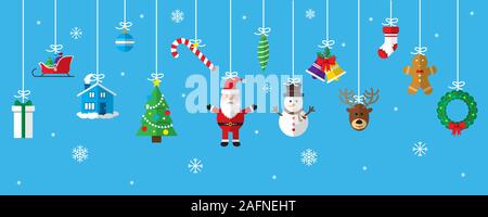 Auguri di Natale ornamento elementi pendenti a sfondo blu. Santa Claus, albero di natale, bell, stoccaggio, albero di natale, renne, presente, neve Illustrazione Vettoriale