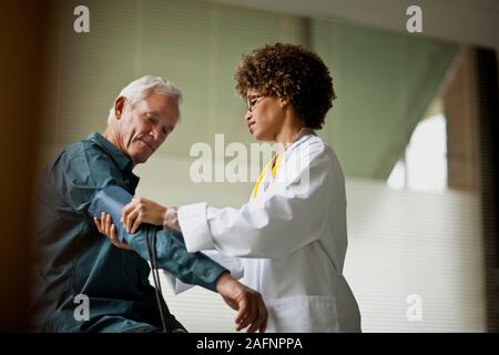 Medico donna facendo pressione del sangue del paziente. Foto Stock