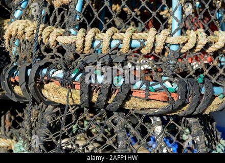 Chiudere su di una cantra utilizzato dai pescatori costieri per la cattura di granchi e aragoste sulla banchina a Paignton, Devon, Regno Unito. Foto Stock