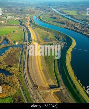 Fotografia aerea, area di costruzione, fiume Lippe, la riprogettazione e la diga estensione della Lippe dike, tra Haltern, Lippramsdorf e marna Lippeaue, Ha Foto Stock