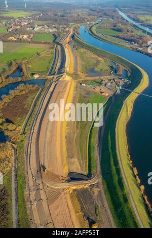 Fotografia aerea, area di costruzione, fiume Lippe, la riprogettazione e la diga estensione della Lippe dike, tra Haltern, Lippramsdorf e marna Lippeaue, Ha Foto Stock