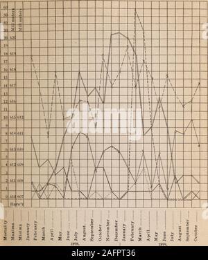 . Sanità pubblica e relazioni presentate al ... riunione annuale della American Public Health Association.. Il tifo il vaiolo = difterite o LaGrippe - Maxima x-it-minimi di umidità 9 . * C. t pluviometri. Diagramma che mostra- la mortalità da tifo, piccolo-varicella, difterite e LaGrippe nella città di San LouisPotosi, Messico, in relazione con i massimi e minimatemperatures e umidità relativa dell'aria dalla rairfall in 22 mesi, dal 1° gennaio 1898, fino al tht31st di ottobre, 1899. Foto Stock