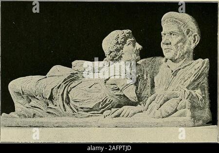 . Tomba etrusca dipinti, i loro argomenti e significato. Fig. 24 PARETE POSTERIORE NELLA TOMBA DEI LEOPARDI dopo Arch. Jahrb. 1916, pi. 9. Fig. 25COPPIA SPOSATA SU UNO ETRUSCO urna cineraria di MBA DEI LEOPARDI-caccia Leopardi 31 da Weege nell'articolo sopra citato. Le foto areamong meglio conservati in tutta l'Etruria e datefrom circa lo stesso tempo come la tomba di bighe, circa 500 A.C. la tomba prende il nome dalle due quasi life-sizedleopards nel frontone (fig. 24). Essi sono stati neatlyproved da Weege da caccia leopardi. Come presto come thedays dell antico Egitto leopardi erano Foto Stock