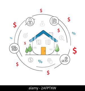 Linea sottile design piatto della casa intelligente. infographics edificio vettore house design grafico stile linea modello timeline. Illustrazione Vettoriale