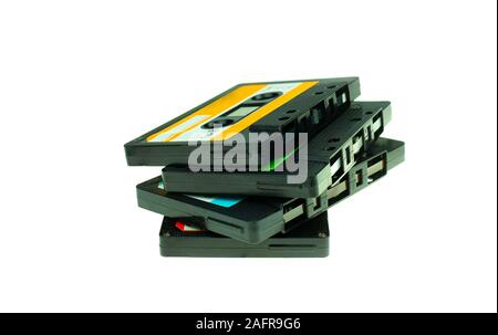 Vintage Stack compatta cassetta a nastro, Close up set di vecchi nastri audio Foto Stock