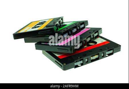 Vintage Stack compatta cassetta a nastro, Close up set di vecchi nastri audio Foto Stock