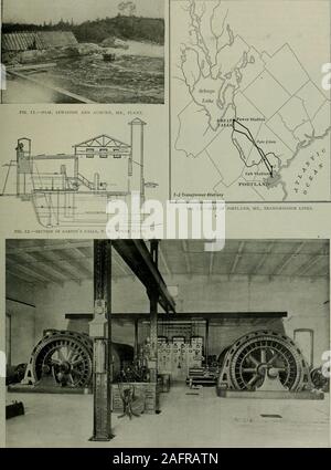 . Mondo elettrico. FIG. 10.-diga T SEWELL S cade. X. H. Me., città che sono separati solo da la stretta del fiume Androscoggin,e sono un gruppo da un punto di vista aziendale, illuminazione elettrica sembra tohave stato fatto con il potere di acqua dall'inizio, e quattro earlywater-guidato le stazioni sono ancora in operazione vi in attesa dell'compl-zione di un grande e moderno impianto di circa tre miglia fino al fiume. Port-terra, la più grande città dello Stato, dipendeva dalla potenza vapore per elec-illuminazione tric fino al 1898, anche se ci sono un numero di undevelopedwater cade entro venti miglia del centro business e uno delcarrello Foto Stock