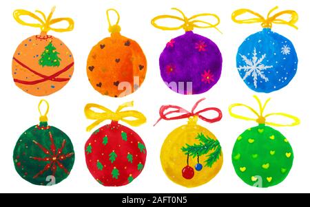 Acquerello disegno disegnato a mano di colorful Natale baubles sfere palline set collezione, isolato Foto Stock