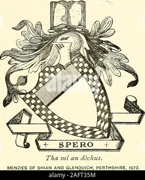 . Il 'rosso e bianco" libro di Menzies.... Bracci del Menzies di Rotmell, Perthshire, 1510.I bracci dell'chieftains del ramo Rotmell del Clan Menzies, chi alsoheld Dowally, Cluny, Gardnerland, &c., sono stati concessi e registrato nel 1510, l'A.D. 1894-] AJ^Ji/S a cuscinetti armorial del clan MENZIES. Scudo 485 avente un capo gii/es, una rosa argent o un rosso e bianco scudo, conuna rosa bianca sulla banda rossa ; questo white rose sarà di conseguenza la cresta.-Balfour RIS., Stodart, vol II, p. 309.. Bracci del Menzies di Shian e Glenquich, Perthshire,1512-1672. Con cuscinetti armorial brightUpo Foto Stock