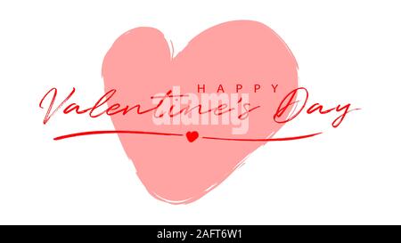 Rosso lettere manoscritte Buon San Valentino con grande cuore rosa sfondo. Illustrazione Vettoriale per biglietto di auguri di un modello o di banner. Illustrazione Vettoriale