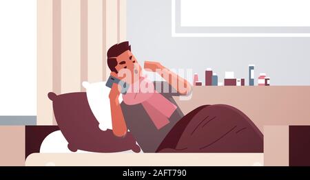 Uomo malato avente starnuto malsana guy in sciarpa chiamando telefono per assistenza medica soffrono di freddo virus influenzale malattia concetto moderno soggiorno piana interna piena lunghezza orizzontale closeup illustrazione vettoriale Illustrazione Vettoriale