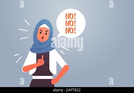 Adirato contro la donna araba dicendo no speech palloncino con punto esclamativo scream negazione concetto furiosa arabo lady mostra segno con il dito verticale piana orizzontale illustrazione vettoriale Illustrazione Vettoriale