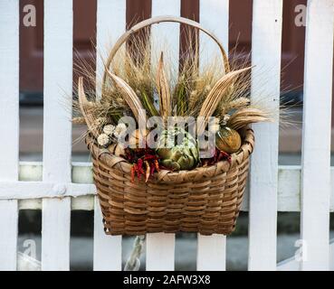 Essiccato floreale in un cesto di vimini, appeso a un bianco Picket Fence gate nella Colonial Williamsburg. Deck le porte Ghirlanda annuale concorso. Foto Stock