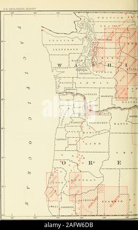 . Le relazioni annuali del dipartimento dell'interno 1905. ^: Resident idrografo, il sig. F. W. Hanna,con sede a Chicago, 111. Questo distretto include la northernpeninsula del Michigan, Wisconsin, Illinois, Indiana, Ohio, Kentucky,Missouri, Iowa, Minnesota, e North Dakota. Stati Uniti GEOLOGICAL Survey. Mappa o WASHiNGTo:!^ a:n^d okego:n^, showi:n^g pkogres^ Ventiseiesima relazione annuale PL. XXIII Foto Stock