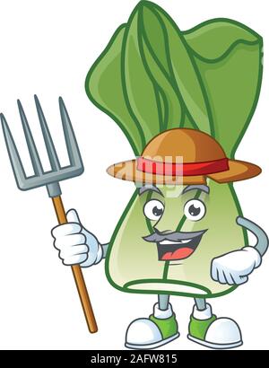 Felice agricoltore bok choi mascotte cartoon con hat e strumenti Illustrazione Vettoriale