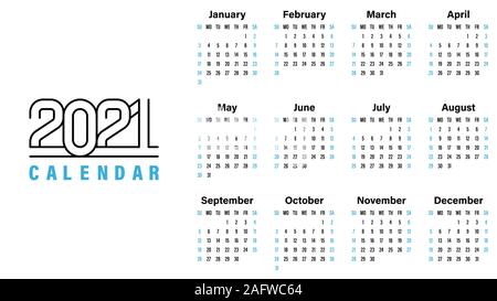 2021 Calendario modello illustrazione vettoriale semplice design week comincia domenica indicano i fine settimana con blue Illustrazione Vettoriale