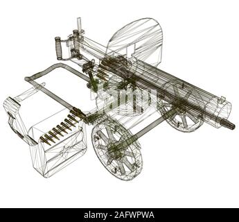 Wireframe della Maxim mitragliatrice. Mitragliatrice isolato su uno sfondo bianco. Vista isometrica a. 3D. Illustrazione Vettoriale. Illustrazione Vettoriale