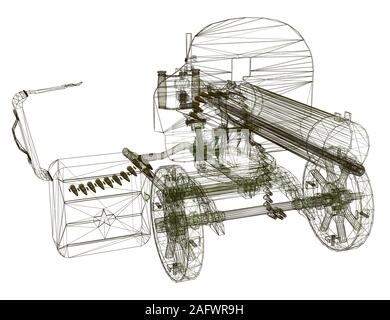 Wireframe della Maxim mitragliatrice. Mitragliatrice isolato su uno sfondo bianco. Vista in prospettiva 3D. Illustrazione Vettoriale. Illustrazione Vettoriale