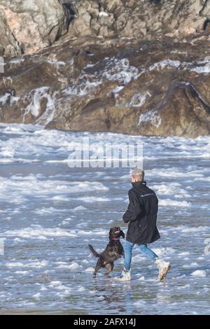 Un giovane ragazzo giocando con il suo cane su Fistral Beach in Newquay in Cornovaglia. Foto Stock