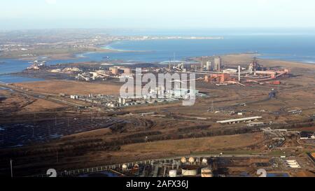 Vista aerea dell'ex Teesside Steelworks (o talvolta chiamata Redcar Steelworks) nel nord-est dell'Inghilterra, Regno Unito Foto Stock