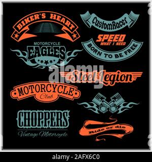 Set vettoriale moto con logo vintage personalizzati, badge, modelli di design. Illustrazione Vettoriale