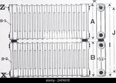 . La caldaia e il radiatore : Catalogo n. 1146.. T RADIATORI DI SOLLEVAMENTO DI DUE LIVELLI UK ill. Dimens,ons 15+15 15+2 22 + 22 A 14ft a. 14ft a. 21". B 14ft a. 21h. 21". Ho 29J". U7. 44K in.J 26%- 34 a. 41h. Radiatori a muro dei radiatori tre livelli ad alta Foto Stock