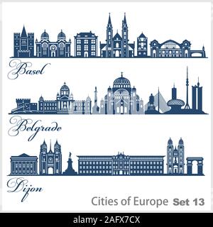 Città in Europa - Basilea, Digione, Belgrado. Architettura dettagliata. Illustrazione vettoriale alla moda. Illustrazione Vettoriale