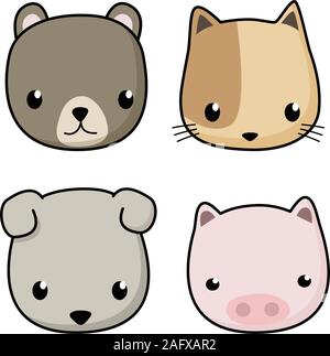 Set di vettore di graziosi animali personaggio dei fumetti. bear , cat , dog e maiale faccia cartoon isolati su sfondo bianco Illustrazione Vettoriale