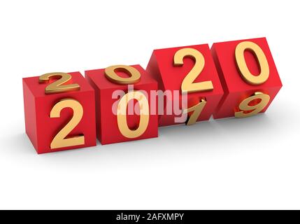 Astrazione del nuovo anno. 2020 numero rosso capovolge su cubetti isolati su sfondo bianco. Il rendering 3D Foto Stock