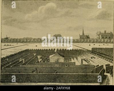 . Labirinti e labirinti; un conto generale della loro storia e della loro evoluzione. Figg. 105 e 106.-labirinti di G. A. Boeckler, 1664. di circa il profilo esagonale racchiuso entro un irregularrectangle. Per quanto riguarda l'Italia, leggiamo che anche il Papa stesso,126. Fig. 107. Un labirinto a Gunterstein, Olanda. (N. Visscher, 1719) Foto Stock