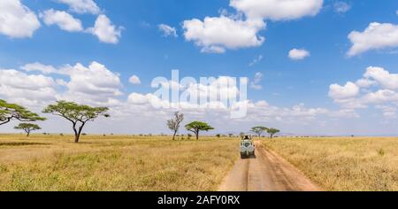Safari turisti su game drive con Jeep auto nel Parco Nazionale del Serengeti nel bellissimo paesaggio paesaggio, Tanzania, Africa Foto Stock