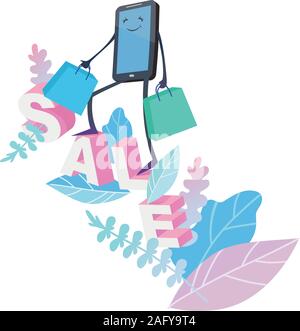 Lo shopping online, Big smartphone sul testo di vendita e di foglie . Concetto di mobile marketing digitale e di e-commerce Illustrazione Vettoriale