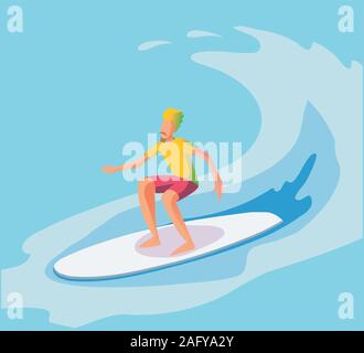 Illustrazione Vettoriale del surfer cavalcando l'onda. illustrazione piatta Illustrazione Vettoriale