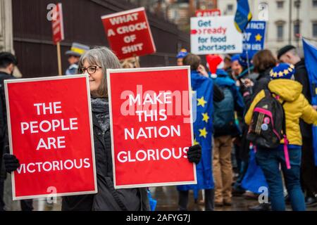 Londra, Regno Unito. Xvii Dec, 2019. Maturità e remainers raccogliere fuori dai cancelli - La battaglia tra pro Brexit e rimangono sostenitori continua al di fuori del parlamento come MP il ritorno in Parlamento dopo la vittoria dai conservatori nell'elezione generale Credito: Guy Bell/Alamy Live News Foto Stock