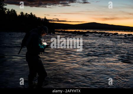 Un solitario pescatore a mosca la legatura su un volo dal proiettore al tramonto nel Maine. Foto Stock