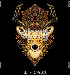 Raffreddare il vettore di cervo Mandala illustrazione di geometria in sfondo nero per T-Shirt grafica, Hoodies, canotte, tazze, telefono casi, adesivi, manifesti ecc. Illustrazione Vettoriale