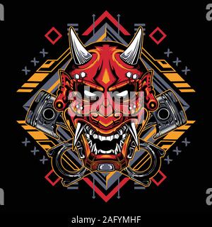 Il demone giapponese maschera tribale con geometria sacra per T-Shirt grafica, Hoodies, canotte, tazze, telefono casi, adesivi, manifesti ecc. Illustrazione Vettoriale