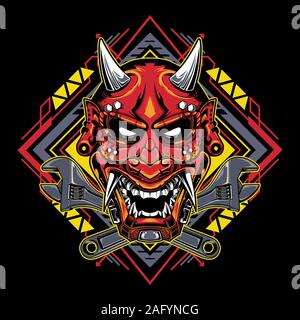 Il demone giapponese maschera tribale con geometria sacra per T-Shirt grafica, Hoodies, canotte, tazze, telefono casi, adesivi, manifesti ecc. Illustrazione Vettoriale