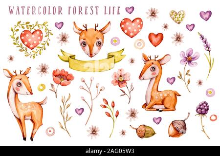Acquerello Nursery set dipinte a mano con simpatici baby deer, foresta fiori, foglie. Adorabili e dipinta a mano isolato illustrazione per bambini. Bohemian boh Foto Stock