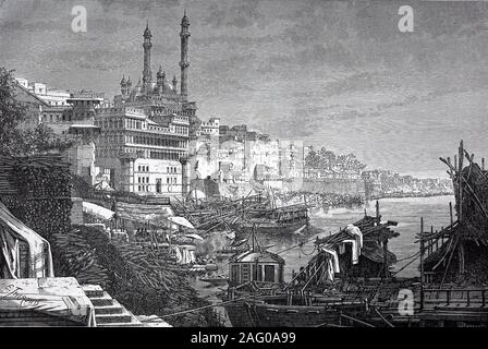 La moschea di Aurangzeb e Madhoray Ghat, uno del santissimo cremazione motivi tra il sacro riverfronts, accanto al fiume Ganga, nella città di Varanasi, Benares, nello stato di Uttar Pradesh, India / Aurangzeb-Moschee und Madhoray Ghat, eines der heiligsten Einäscherungsgebiete an den heiligen Ufern des Flusses Gange in der Stadt Varanasi a Benares im indischen Bundesstaat Uttar Pradesh, riproduzione di un originale di stampa dal xix secolo, digitale migliorato / Reproduktion einer Vorlage aus dem 19. Jahrhundert, digital verbessert Foto Stock