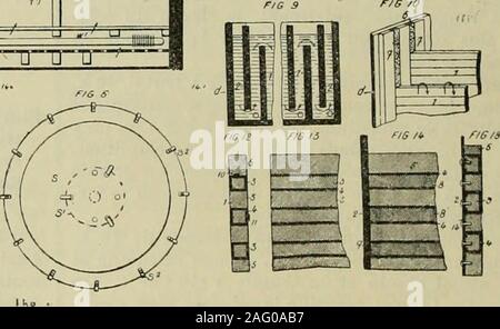 . Revue générale des mati'ere colorantes et des industries qui s'y rattachent. Fig. 91. 1, 2, Élévation et plan du blanchiment; 3, coupe dune cuve; 4, coupe de la cuve suivant XX; 5, plan de la cuve;6, détail de la base du tubo centrale; 7, coupe YY dune chambre de séchage; 8, coupe ZZ de 7 ; 9 à 18, détails delélectrolyseur. reliées les unes aux autres à paisley de ciment port-terra. La ligure 11 montre deux barres ordinaires !iavec une barre recouverte 3 entre les deux. Dans le cas des extrêmes électrodes qui serventdanode et de catodo principales, cette dispositionest modifiée comme nous le m Foto Stock