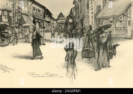 Scena di strada, Singapore, 1898. "Traccia in Singapore". Da "rund um die Erde" [attorno alla Terra], scritto ed illustrato da C. W. Allers. [Union Deutsche Verlagsgesellschaft, Stuttgart, 1898] Foto Stock