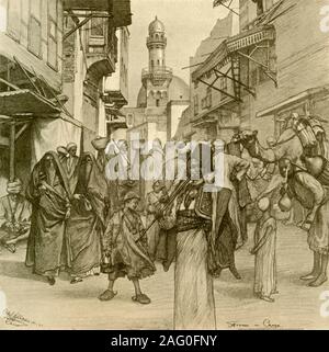 Street in Cairo, 1898. "Traccia in Cairo " - occupato in scena la capitale egiziana. Da "rund um die Erde" [attorno alla Terra], scritto ed illustrato da C. W. Allers. [Union Deutsche Verlagsgesellschaft, Stuttgart, 1898] Foto Stock