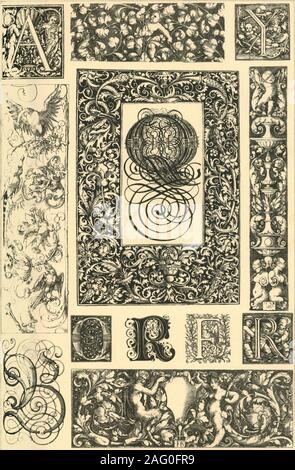 Rinascimento tedesco ornamenti tipografici, (1898). 'Fig 1: Titolo-telaio (1519) probabilmente da Hieronymus Hopfer. Fig 2: iniziale da A. D&#xfc;rer. Fig 3: il fregio (1539) di A. Aldengrever [Heinrich Aldegrever?]. Fig 4: iniziali da una danza di morte alfabeto da Hans Holbein. Fig 5: decorazione marginale dal libro di preghiere dell'Imperatore Carlo V da A. D&#xfc;rer. Fig 6: fregio (1528) da H. S. Beham. Fig 7: iniziale (1518) da parte di un maestro ignoto. Fig 8: iniziale di Paul Frank. Fig 9: iniziale da Jost Aman [Jost Amman?]. Figura 10: iniziale (1527-1532) da Hans Holbein figli dell alfabeto. Figura 11: iniziale da Foto Stock