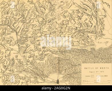 Mappa della Battaglia di Woerth, 6 agosto 1870 (c1872). Mappa: 'drawn sotto il Superintendance del capitano Hozier', che mostra le posizioni nemiche. La seconda battaglia di W&#xf6;rth, conosciuta anche come Battaglia di Reichshoffen o la Battaglia di Froeschwiller, ha avuto luogo nei pressi del villaggio di Woerth in Alsazia (in Francia), in fase di apertura della guerra franco-prussiana del 1870-1871. Da "La guerra franco-prussiana: le sue cause, incidenti e conseguenze", Volume I, dal capitano H M Hozier. [William Mackenzie, London, 1872] Foto Stock