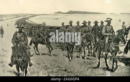 "Cronje il vigore la loro marcia verso sud', 1900. Esercito di Boer Boer prigionieri sotto scorta testa sud dopo la battaglia di Paardeberg il 27 febbraio 1900. Da "Il Sud Africa e la guerra Transvaal, Vol. IV", da Luigi Creswicke. [T. C. &AMP; E. C. Jack, Edimburgo, 1900] Foto Stock