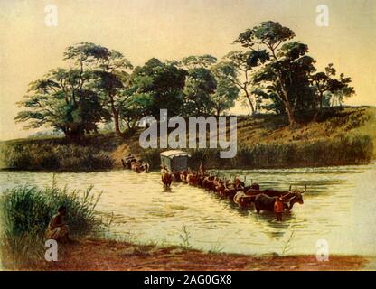 "Torello carro attraversando una deriva sul Umbelois River-Swaziland', 1902. Il fiume Mbuluzi noto come Umbeluzi, un fiume importante in Mozambico aumentata mediante vari tributari prima di entrare nelle acque della baia di Maputo. Da "Il Sud Africa e la guerra Transvaal, Vol. VII", da Luigi Creswicke. [Il Caxton Publishing Co., London, 1902] Foto Stock