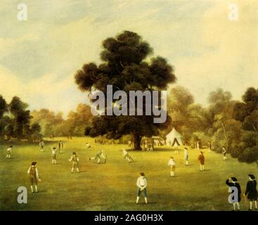 "Signori e Signori del Surrey e Kent giocare a cricket Knole Park, Kent, 1775", (1947). Partita di cricket a motivo di una maestosa casa vicino a Sevenoaks. Si è pensato che il cricket è nato come un gioco da bambini nel sud-est della contee dell'Inghilterra durante il periodo medievale. Da "Inglese Cricket", da Neville Cardus. [Collins, London, 1947] Foto Stock