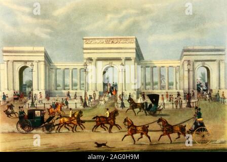 "Hyde Park Corner", secolo XIX, (1944). Vista di Decimus Burton ionica della marcatura schermo l'entrata di Hyde Park di Londra. Diversi tipi di carrozza trainata da cavalli sono mostrati passando i cancelli. Da "cavalli di Gran Bretagna", da Lady Wentworth. [Collins, London, 1944] Foto Stock