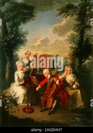 Il principe Federico Louis, Principe di Galles, suonare il violoncello a Kew Palace, c1733-1750, (1942). Ritratto di Federico Luigi (1707-1751) accompagnato da sua sorella Anne (1709-1759), Caroline (1713-1757) e Amelia (1711-1786), a Kew (West London). La pittura nel National Trust Collezione a Cliveden, Buckinghamshire. Da "Musica inglese', da W. J. Turner. [Collins, London, 1942] Foto Stock